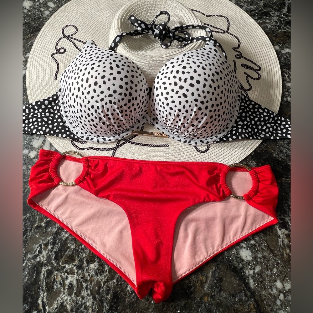 Victoria Secret bikini bombshell rare 34D/M gold hoop bottoms retro